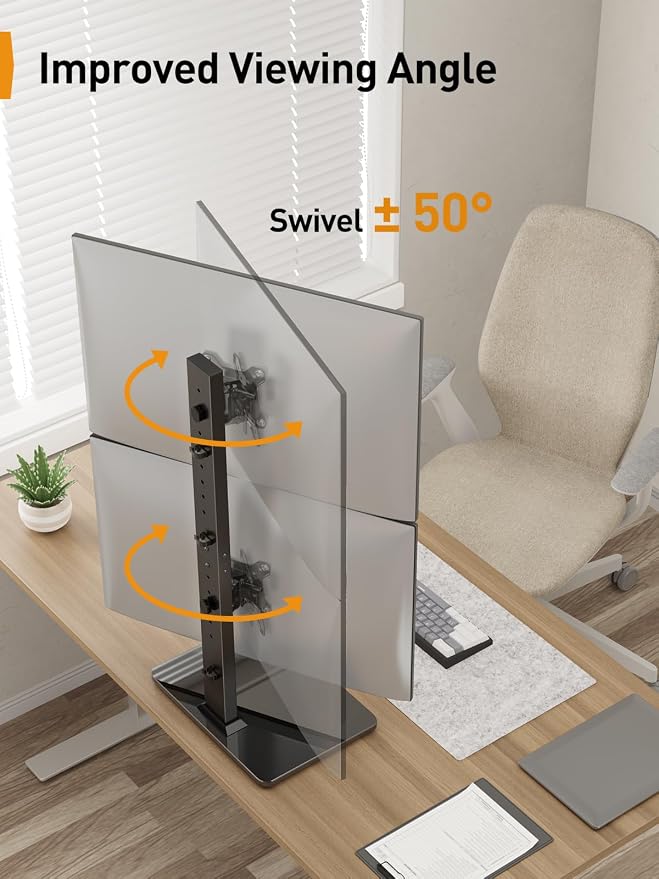 Perlegear Dual Vertical Monitor Stand for 13–40 inch Screens up to 44 lbs | Heavy-duty steel, swivel, tool-free tilt, 360° rotation, 13 height settings, cable management, max VESA 100x100mm, office use