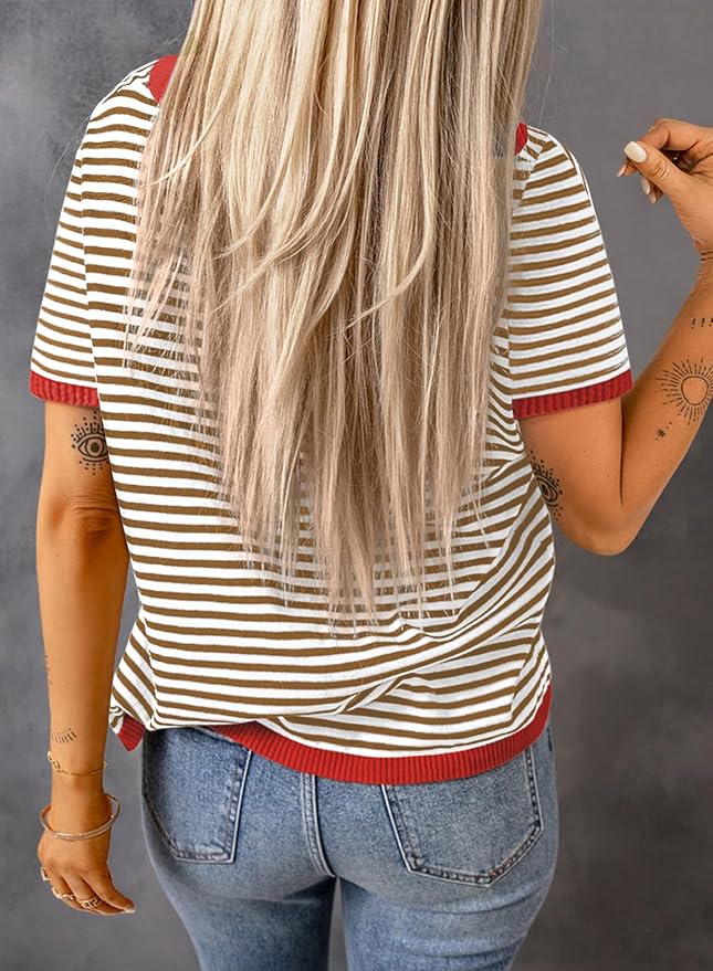 Dokotoo Womens Tops 2026 Casual Summer Crewneck Short Sleeve Striped Color Block Knit High Low Trendy Pullover Sweaters