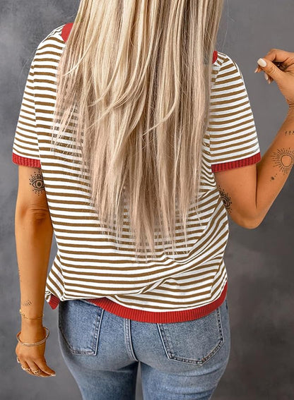 Dokotoo Womens Tops 2026 Casual Summer Crewneck Short Sleeve Striped Color Block Knit High Low Trendy Pullover Sweaters