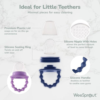 WeeSprout Baby Food Feeder Set - 2 Silicone Feeders & Reusable Freezer Tray with Lid - BPA-Free Fresh Fruit & Veggie Pacifier for Babies & Toddlers - Double as Teething Toys - Dishwasher Safe