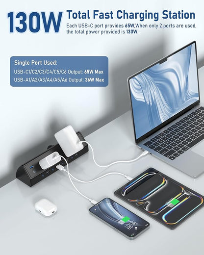 Jgstkcity 130W Desk Clamp Power Strip, 12 USB Ports (6 PD 65W USB-C),Surge Protector,ETL Listed Power Hub Extension Cord,Fast Charging Station for Home Office Desk Edge Mount (Black, 12 USB-130W)