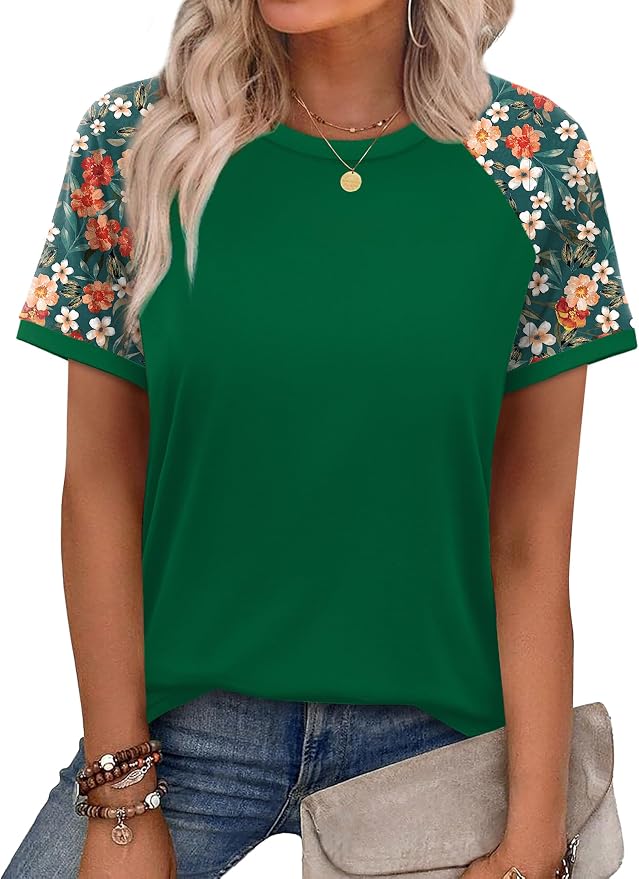 WIHOLL Womens Summer Tops Color Block Short Sleeve Raglan Shirts Spring Fashion Clothes Vacation Outfits