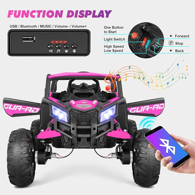JOYLDIAS 4WD Ride On Car, 12V Battery Powered Electric Off-Road UTV for Kids, 4X4 Electric Vehicle W/4 Powerful Engines, 2.4G Remote Control, Music, Bluetooth, LED Lights for Boys and Girls, Pink