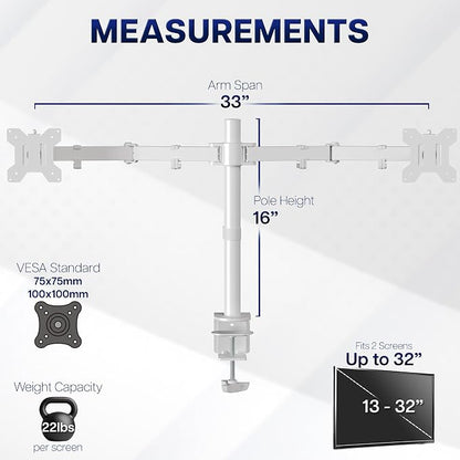 VIVO Dual Monitor Desk Mount, Heavy Duty Fully Adjustable Stand, Fits 2 LCD LED Screens up to 32 inches, White, STAND-V032W