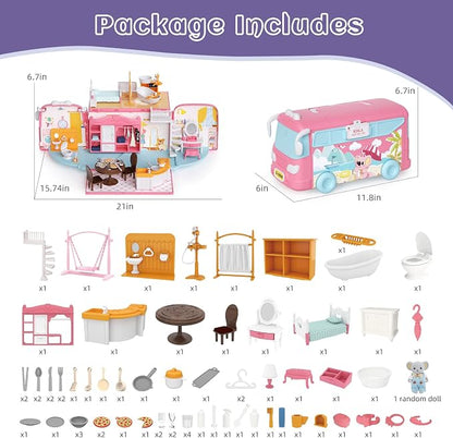 Dollhouse Playset, DIY Pretend Portable Caravan Camper Bus Toy Kit with Little Critters Bunny Dolls Mini Cottage House Set Camping Family Toys for Toddler 3 4 5 6 Year Old Girl