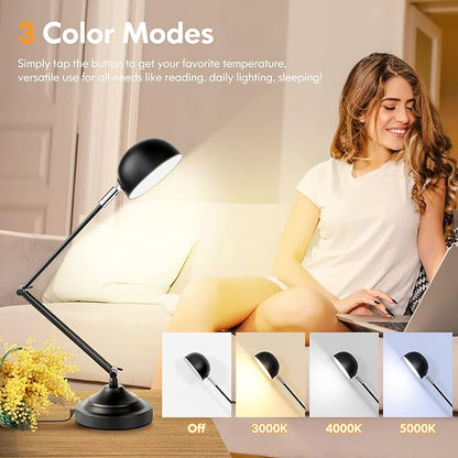 Touch Control LED Desk Lamp with USB Charging Port, Architect Black Metal Lamp with Adjustable Swing Arm, Dimmable Modern Table Lamp for Home Office Reading Study, 3000K/4000K/5000K 3 Color Modes