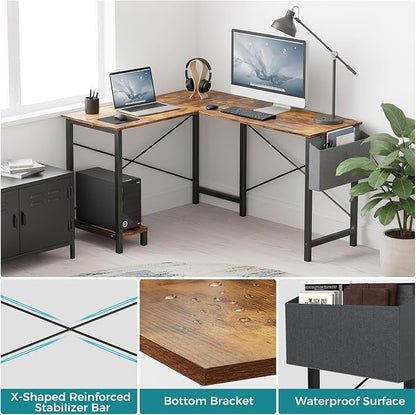 OLIXIS L Shaped Desk, 50-Inch Office Computer Gaming Desks Corner PC Table with Side Bag and Reversible Shelf for Home Work Study Writing Rustic Brown | Side Bag, Reversible Shelf, Home Work Study Writing, PC Workstation, Easy Assembly, Rustic Brown