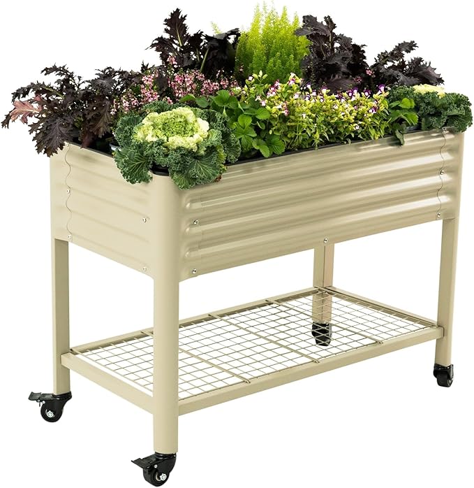 Rolling Elevated Raised Garden Bed-V Series, 2' x 4' Garden Beds with Legs & Storage Rack for Patio & Porch, 700 Lbs Weight Capacity, Outdoor Planter Box for Vegetables Flower Herbs, Pearl White