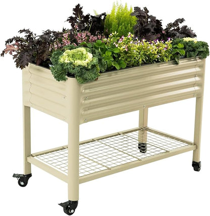 Rolling Elevated Raised Garden Bed-V Series, 2' x 4' Garden Beds with Legs & Storage Rack for Patio & Porch, 700 Lbs Weight Capacity, Outdoor Planter Box for Vegetables Flower Herbs, Pearl White