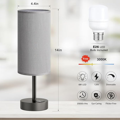 Dicoool Bedside Table Lamp for Bedroom - 3-Way Dimmable Touch Lamp, USB A+C | LED Bulb Included, 14" Small Nightstand Lamp for Desk, Living Room, Guest Room, Grey Fabric Lampshade, Grey Metal Base
