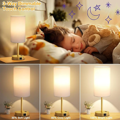Dicoool 17.4" Bedside Lamp for Bedroom - Dimmable Touch, USB A+C, AC Outlet | LED Bulb Included, 3-Way Dimmable, 17.4" Table Lamp for Living Room, Dorm, White Fabric Lampshade, Gold Metal Base