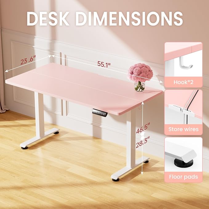 Veken Standing Desk, Pink, 55×23.6 Inch | Height Adjustable Sit Stand Up Computer Tables for Home Office, Study , Writing, Suit students, employees and group work