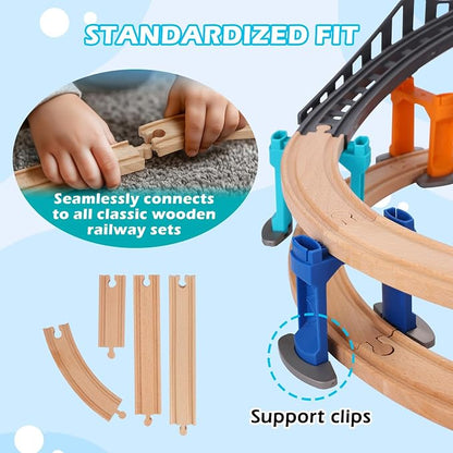 120Pcs Wooden Train Tracks Set, 398-inch Track Expansion, Toddler Railway Bridge Toy Train Set with Airplane and Magnetic Crane, Birthday Gifts for Boys and Girls, Compatible with All Major Brands
