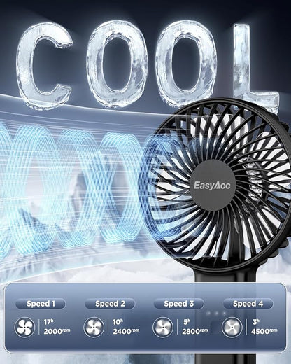 EasyAcc Personal Fans Portable Rechargeable, Washable Guard + Powerful + 180°Foldable + Professional ODM Fan + Durable, 4 Speeds Portable Cooling Fan for Travel Outdoor Office