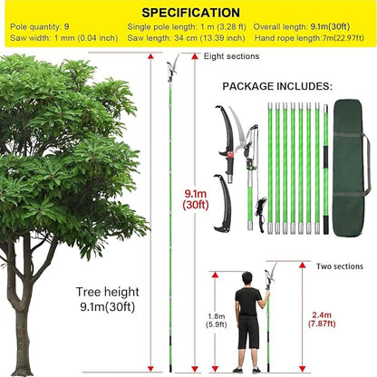 30 Feet Tree Pole Pruner Manual Branches Trimmer Tree Branch Garden Tools Loppers Hand Pole Saws Extendable Height Adustable System for Sawing and Shearing