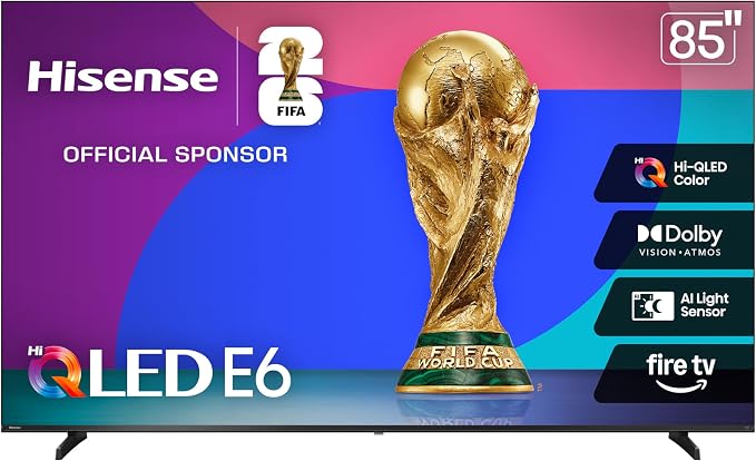 Hisense 85" E6 Cinema Series Hi-QLED 4K UHD Smart Fire TV (85E6QF) - AI Light Sensor, Dolby Vision · Atmos, Voice Remote with Alexa, Motion Rate 120, HDR 10+ Adaptive, Game Mode Plus