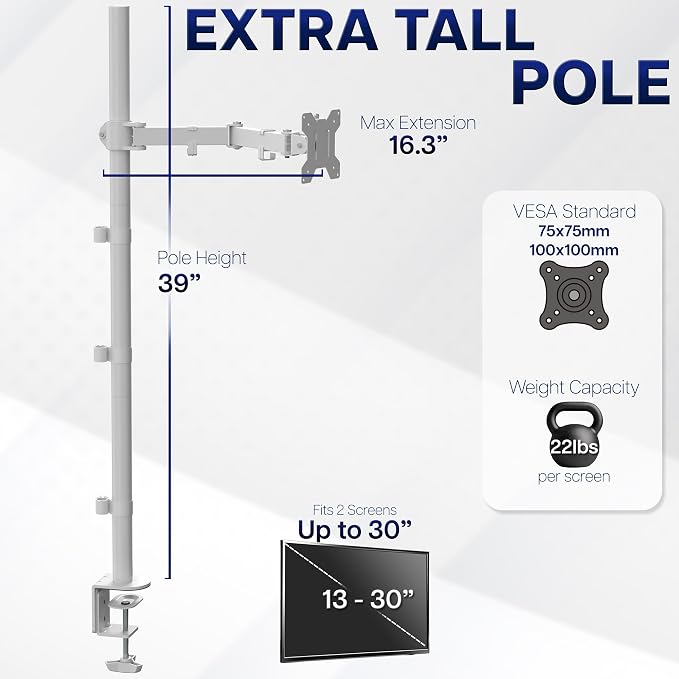 VIVO Extra Tall Single Monitor Desk Mount Stand with 39 inch Pole, Features Full Adjustability - Tilt and Articulation, Holds 13 to 32 inch Screens up to 10kg with VESA Mounting, White, STAND-V011W