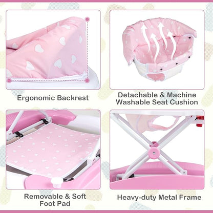 BABY JOY 6-in-1 Baby Walker, Foldable Baby Walker with Wheels, Adjustable Height, Music, Lights, Bouncer & Rocker Mode, Baby Walkers for Boys Girls 6-14 Months (Pink)