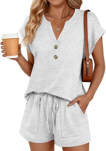 LILLUSORY 2 Piece Summer Set 2026 Henley Top & Drawstring Shorts with Pockets