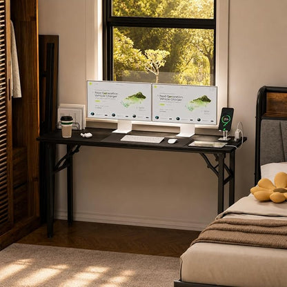 Folding Table Computer Desk - 55.1" No Assembly Folding Desk with Power Outlets & USB Charging Port, Small Desk, Foldable Office Desk, Compact Storage Portable Use for Small Space, Dark Oak