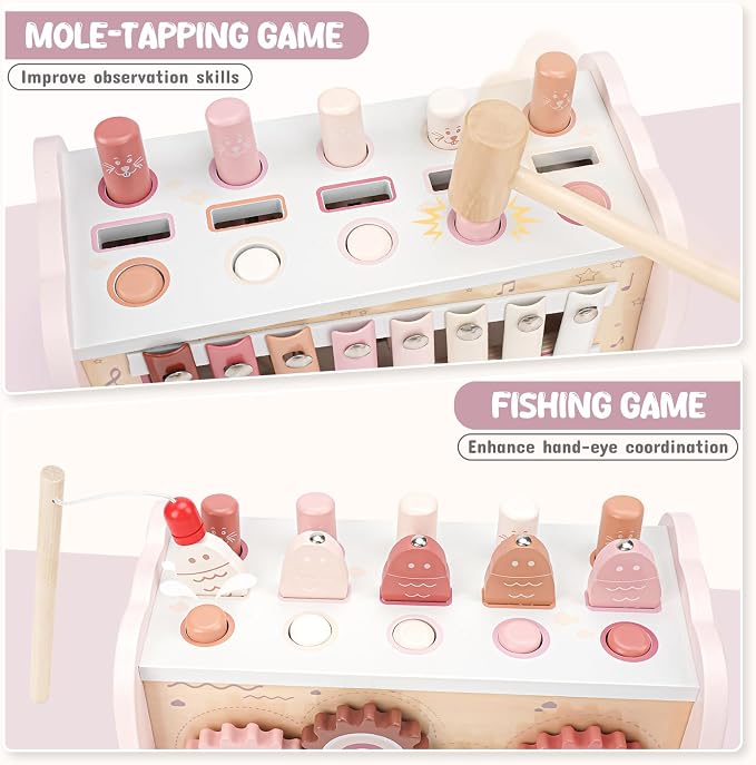 Joyreal Montessori Toys for 1 Year Old Girl Gift - Pink Wooden Hammering Pounding Toy with Xylophone & Fishing Game - Toddler Learning Activities for Kids 1+ 2 3 Year Old Christmas Birthday Gifts