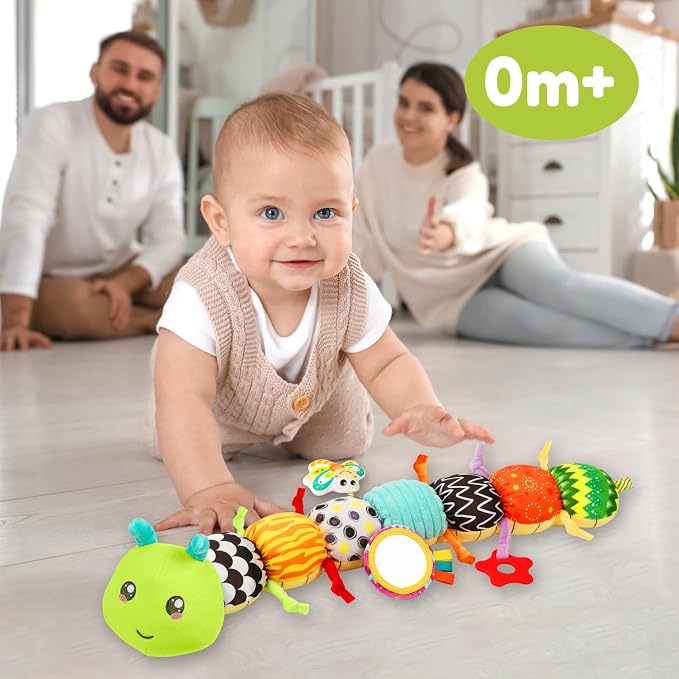 Baby Sensory Toys for 0-6 6-12 Months, Musical Stuffed Caterpillar Toy with Crinkle Rattle Mirror, Baby Essentials Infant Tummy Time Toys for 3 6 9 12 18 Months, Newborn Boys Girls Shower Gifts