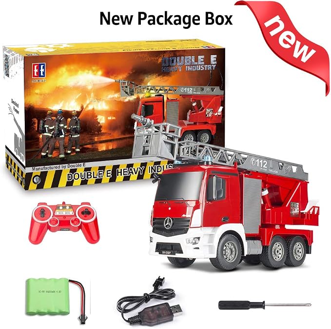 Benz Licensed Remote Control Fire Truck, RC Fire Truck Toy, Rechargeable Construction Truck Toys with Alarm Lights, Hose, Working Water Pump and Rotating Rescue Ladder Fire Truck Toys Gift for Kids