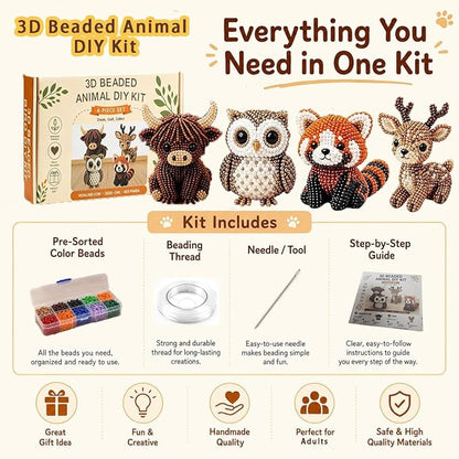 Temiaode 3D Beaded Animal Kit, 4 Pack DIY Bead Craft Set for Adults, Highland Cow Owl Red Panda Deer Beading Kit with Instructions, Creative Hobby Craft Gift for Animal Lovers