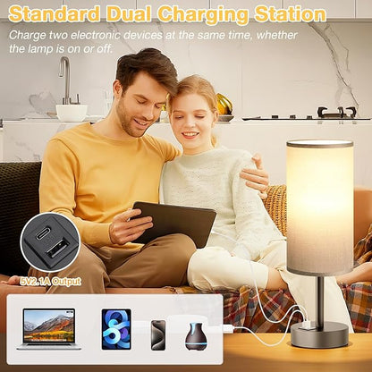 Dicoool Bedside Table Lamp for Bedroom - 3-Way Dimmable Touch Lamp, USB A+C | LED Bulb Included, 14" Small Nightstand Lamp for Desk, Living Room, Guest Room, Grey Fabric Lampshade, Grey Metal Base