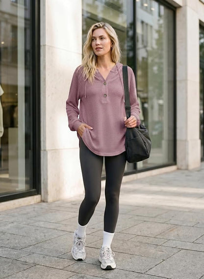 Dokotoo Hoodies for Women Waffle Knit Long Sleeve Drawstring Button V Neck Casual Sweatshirt Hooded Tops Fashion Clothing