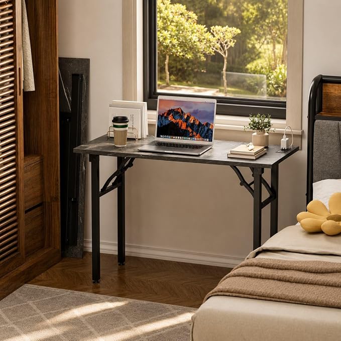 Folding Table Computer Desk - 43.3" No Assembly Folding Desk with Power Outlets & USB Charging Port, Small Desk, Foldable Office Desk, Compact Storage Portable Use for Small Space, Marble Greige
