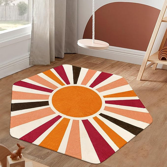Washable Rainbow Rug for Kids Room Playroom, 4'x 4'7" Boho Sun Kids Rug for Girls Boys, Non-Slip Orange Carpet Small Play Rug for Tent Reading Corner Dorm Entryway