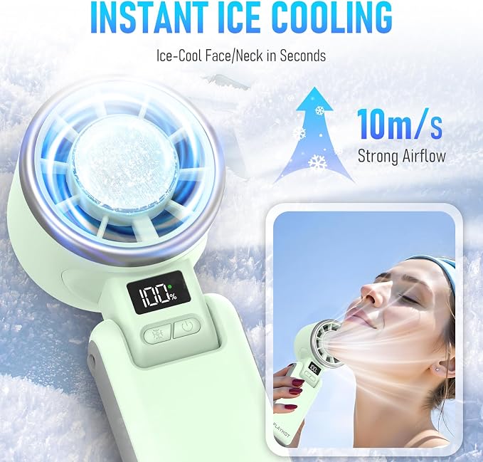 PlayHot Upgraded Portable Handheld Fan with 60°F Ice Cooling, Up tp 12Hrs Hand Held Portables Fans, 5 Speed 25550RPM Powerful Portable Fan Handheld, Hand/Neck/Desk Fan 3 IN 1(Green)