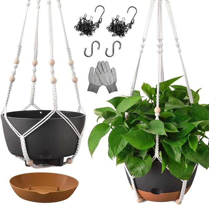 10 Inch Hanging Planters for Indoor Plants,Set of 2 Hanging Pots for Plants with Self-Watering, Outdoor Hanging Plant Pot with Drainage and 2 Kinds of Hanging Baskets Hangers for Home Decor and Garden