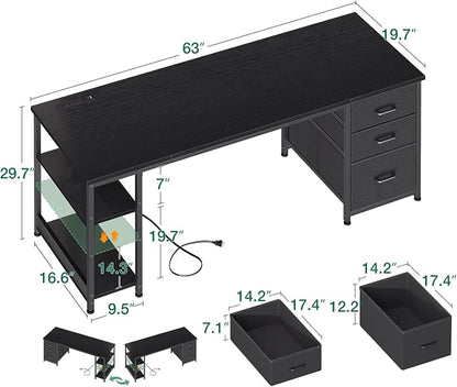 AODK 63 Inch Computer Desk with Drawers & USB Power Outlets | Reversible Home Office Desk with Storage Shelves, Work from Home, Modern Work/Writing/Study Table for Bedroom, Black
