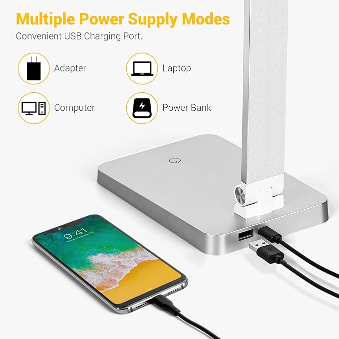 LED Desk Lamp for Home Office, 3 Levels Dimmable Desk Light with USB Charging Port, Small Study Lamp, Reading Light for Table, Sliver, 5000K