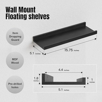 RICHER HOUSE 8-Set Floating Shelves with Lip, Black Wall Mounted Wood Shelf | Display Picture Ledge Shelf, Anti-drop lip Shelf for Room Wall Decor, Bedroom Bathroom Storage Nursery Hanging Book Shelves