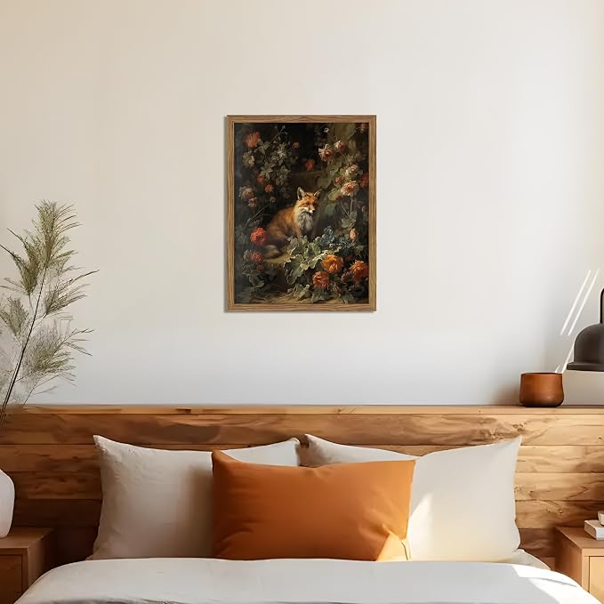 Vintage Fox Canvas Wall Art, Dark Academia Floral Decor, Nature Botanical Animal Painting, Farmhouse Fox Picture Print, Aesthetic Wall Decor for Living Room Bedroom 12x16 inch Wood Framed