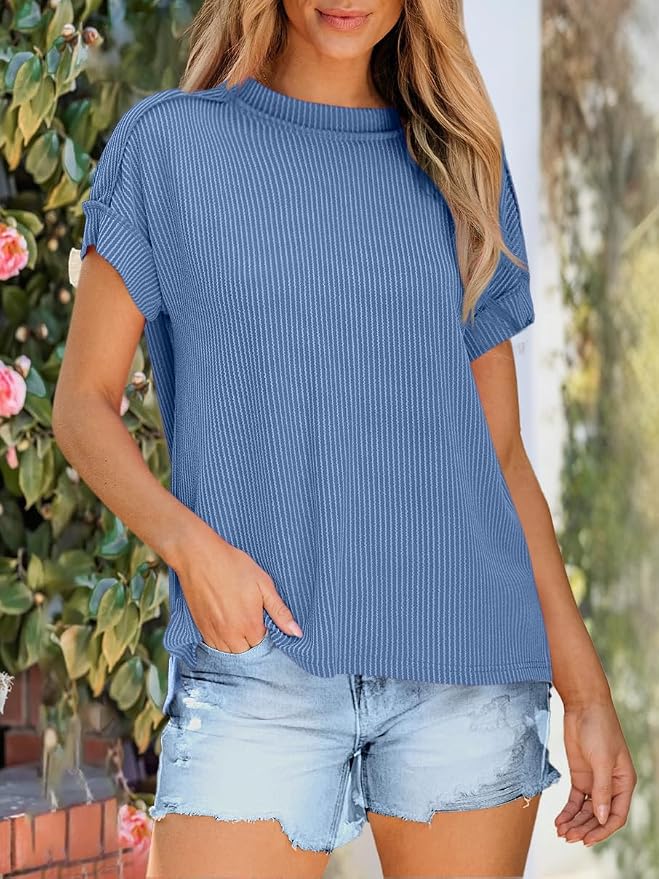 ANRABESS Womens Short Sleeve Crewneck Shirts Ribbed Knit High Low Hem T Shirt 2026 Summer Spring Casual Tops Trendy Clothes