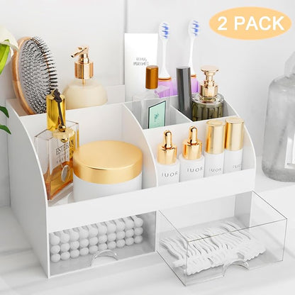 Makeup Organizer with Drawers, Cosmetic Storage for Dresser Vanity and Bathroom Countertop, Beauty Holder for Lipstick Brush, Skincare Organizer for Vanity, Cosmetic Display Case (White-2P)