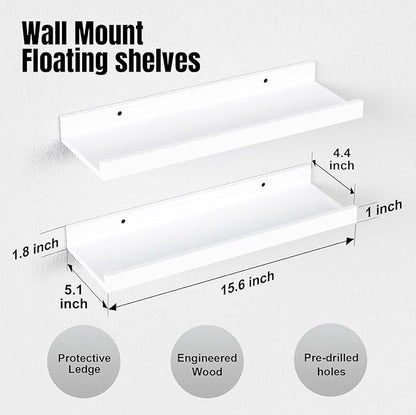 RICHER HOUSE 5-Set Floating Shelves with Lip, White Wall Mounted Wood Shelf | Display Picture Ledge Shelf, Anti-drop lip Shelf for Room Wall Decor, Bedroom Bathroom Storage Nursery Books, Easy Setup 16in