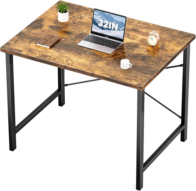 Sweetcrispy 32-Inch Small Computer Desk for Bedroom, Brown | Gaming Writing Work and Study Desk for Home Office, Sturdy Metal Frame and Compact Modern Design with X-Shaped