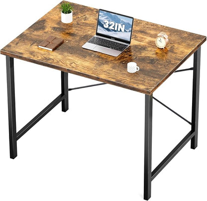 Sweetcrispy 32-Inch Small Computer Desk for Bedroom, Brown | Gaming Writing Work and Study Desk for Home Office, Sturdy Metal Frame and Compact Modern Design with X-Shaped