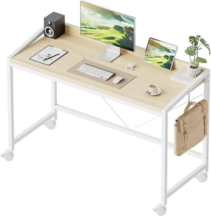 Mericonia 47x20 Inch Small Computer Desk with Wheels & Rear Lip | Simple Rolling Desk, Writing Table for Home Office Bedroom Work Study, Oak