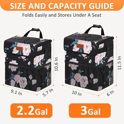 Vankor 3 Gallons Car Trash Can with Lid, Car Bag Bin Hanging Waterproof Automotive Garbage Cans Leak Proof Vehicle Trash Can Black Floral