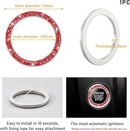 Kewucn Bling Crystal Double Rhinestone Car Engine Start Decoration Ring, Sparkling Push Start Button Sticker, Key Ignition & Knob Ring Decoration, Bling Car Interior Accessory(Red)