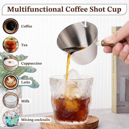 Amrules Espresso Cup, 6.8 oz/200 ml Stainless Steel Coffee Shot Measuring Cup with Wood Handle, Double V-Shaped Mouth and Clear Scale for Cappuccino Barista Coffee Bar Accessories, White
