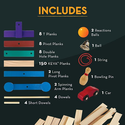 MindWare KEVA Contraptions Reactions Planks Building Toy - 178 KEVA Building Planks (191 Piece Set) - Free-Form Wood Building Set for Kids to Create Their Own Ball Maze – Ages 7 & Up