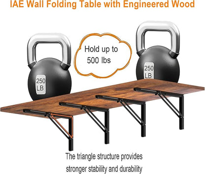 IAE 72x22in Floating Fold Desk,Wall-Mounted Folding Computer Table,Rustic | Study Table with Shelf Brackets,Foldable Down Shelf with Engineered Wood,Fold Computer Desk for Small Apartment,Holds 519 lb
