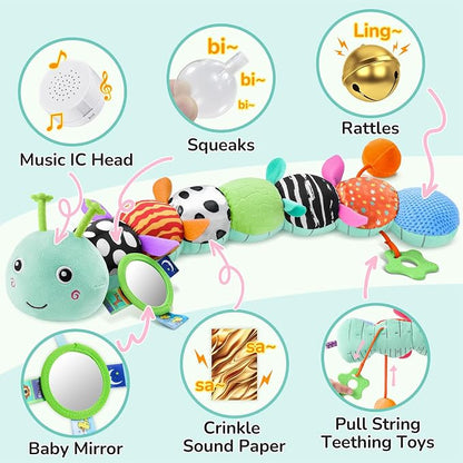 AWOTOY Baby Sensory Toys Music Caterpillar Plush Infant Toys 0 6 12 Months | Stuffed Animals Tummy Time Teething Toys with Mirror Pull String Rattle Baby Toys for Newborn Boy Girl Shower Birthday Gifts